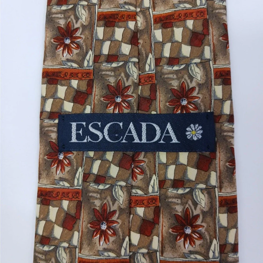 Vintage Escada Silk Neck Tie Made in Italy Brown Floral Geometric‎ 70s Designer